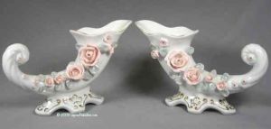 Pair of White Cornucopia Vases with Roses